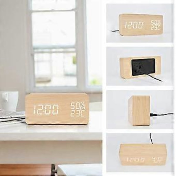 Modern Väckarklocka i Trä, LED-belysning med 3 Ljusstyrkenivåer, Elegant Design för Ditt Nattduksbord eller Skrivbord, Datum- och Temperaturvisning