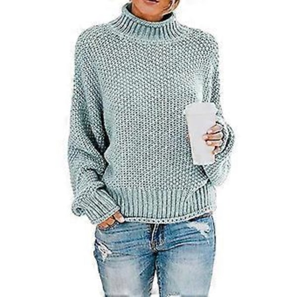 Dame Turtleneck Batwing Ærme Oversized Pullover Sweater S Hvid(M Lyseblå)