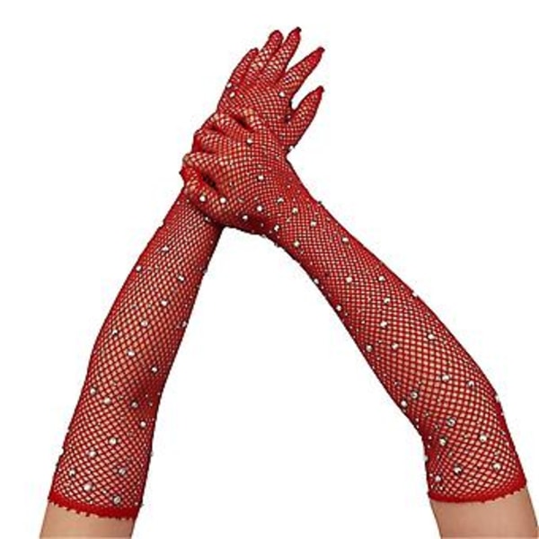 Mesh Lange Hansker Fiskenett Lange Hansker Kvinner Dans Hansker Rhinestones Lange Hansker (Rød)