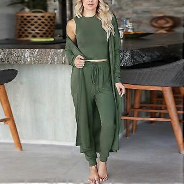 3-delat Pyjamas Set för Kvinnor Höst Vinter Hemkläder Set 3-delat Loungewear Set Väst Byxor Kavaj Set (XL OD Grön)