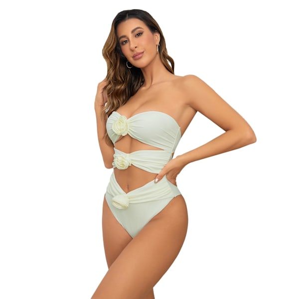 Women's 3D Floral Appliques Strapless One Piece Swimsuit Cut Out Ruched Bandeau Bathing Suits   White