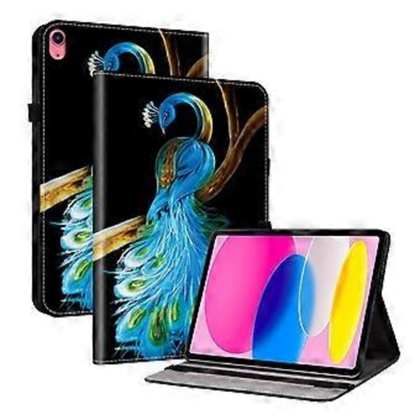 För iPad (2025) / 10.9 (2022) Läderfodral Mönstertryckt Ställ Tablet Skydd med Kortfack (Påfågel)