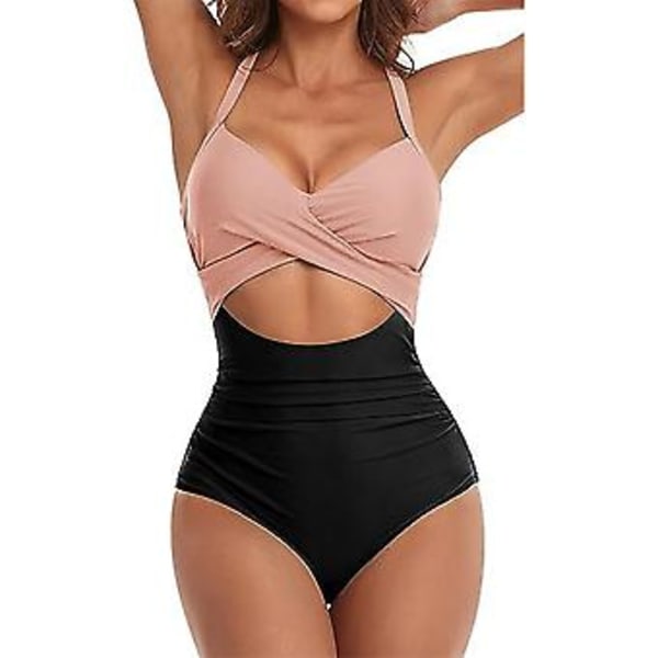 Dam Monokini Baddräkt Färgblock Twist Cut Out Stretch En Delig Baddräkt Knyt Rygg Kors Kors Rynkad Baddräkt (L Rosa * Svart)