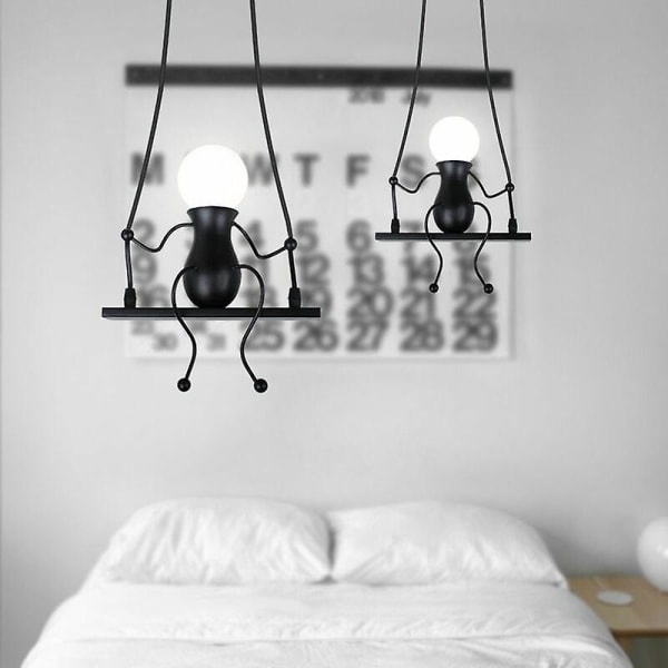 Modern Pendant Light Creative Doll Iron People Swing Children's Hanging Lamp Living Room Bedroom Creative Light (Black)