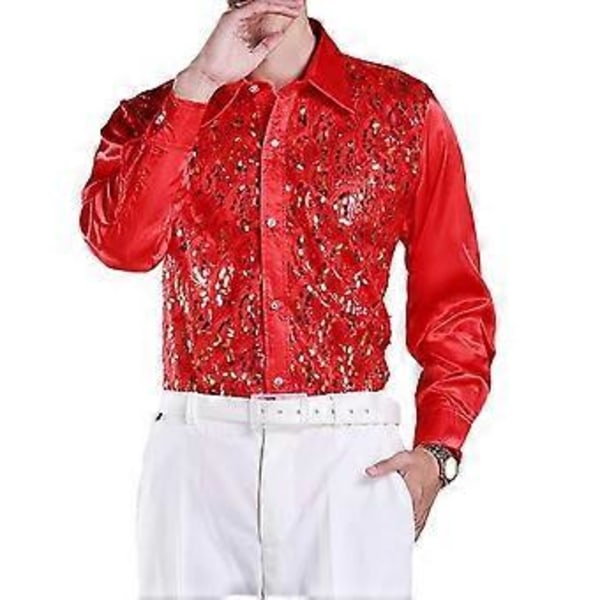 Luksuriøs skjorte med paljetter for menn, jakkeslag, lange ermer, enkeltspent, bryllupsskjorte for scene, slim fit, formell fritidsskjorte (L rød)
