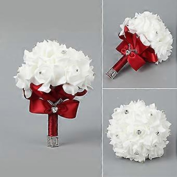 Kunstig Brudebuket, Rosebuket til Brud og Brudepiger med Krystaldiamant Bløde Bånd, Brudepiger Holder Blomster (Vinfarvet)