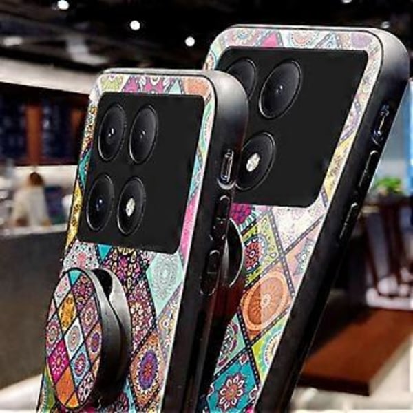 Skal för Xiaomi Redmi K70E 5G/Poco X6 Pro 5G med Rem Blommönster Ställ Härdat Glas Skydd (Färgmönster)