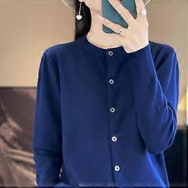 Forår og efterår Dame Cardigan Ensfarvet Rund Hals Enkeltknappet Strikket Bund Dame Sweater Jakke (XL marineblå)
