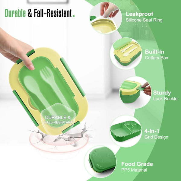 Grön Bento Box Lunchlåda för Vuxna/Barn, 1300ml Läckagesäker Bento