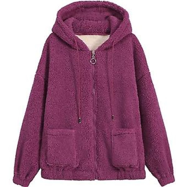 Tyk, varm lammefrakke til kvinder i plus størrelse med hætte, lynlås og cardigan-hoodie (4XL Lilla)