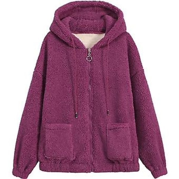 Tyk, varm lammefrakke til kvinder i plus størrelser med hætte, lynlås og cardigan-hoodie (M Lilla)