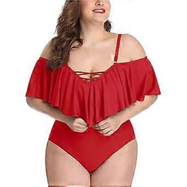 Plus Size Off Shoulder Baddräkter i Ett Stycke för Kvinnor, Magkontroll Baddräkter Badkläder (5X-Large Röd)