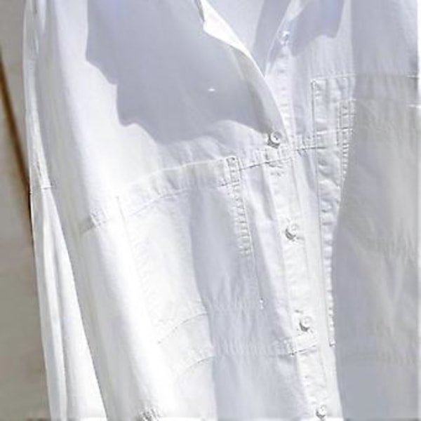 Ren Bomull Dobbel Lomme Hvit Skjorte Dame Langermet Bluse Vår Høst Topper Krage Knapper Uregelmessige Skjorter(XL hvit)