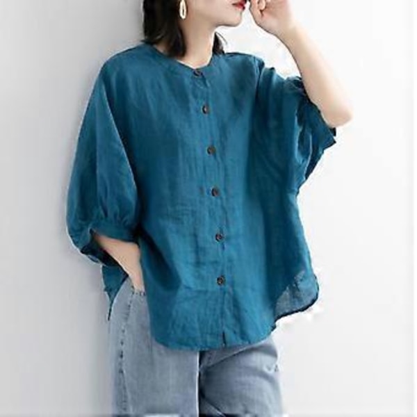 Fritidsskjorter Knap Top Dame Løs Langærmet Oversized Skjorte Dame Bluser Casual (3XL blå)