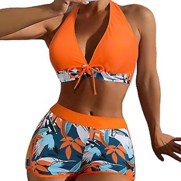 Kvinnors Lövtryckt Vadderad Bikiniuppsättning Halterneck BH Fjärilsband Topp Hög Midja Pojkbyxor Baddräkt Sommar Strand Baddräkt (3XL Orange)