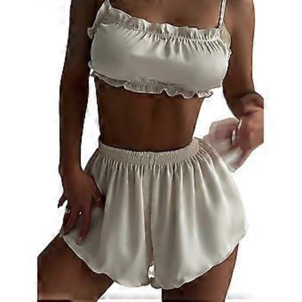 2-delat Pyjamasset för Kvinnor Sexig Vit Cami Topp och Shorts Sovkläder Lounge Set Sött Pyjamasset för Kvinnor (S)