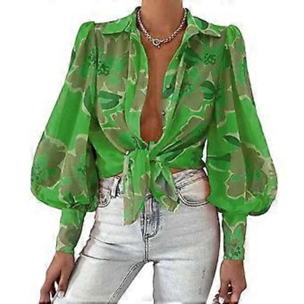 Dam Lapel Puff Långärmad Skjorta Toppar Blomstertryck Enkelknäppt Lös Passform Tunn Blus Arbetskläder (XL rosröd)
