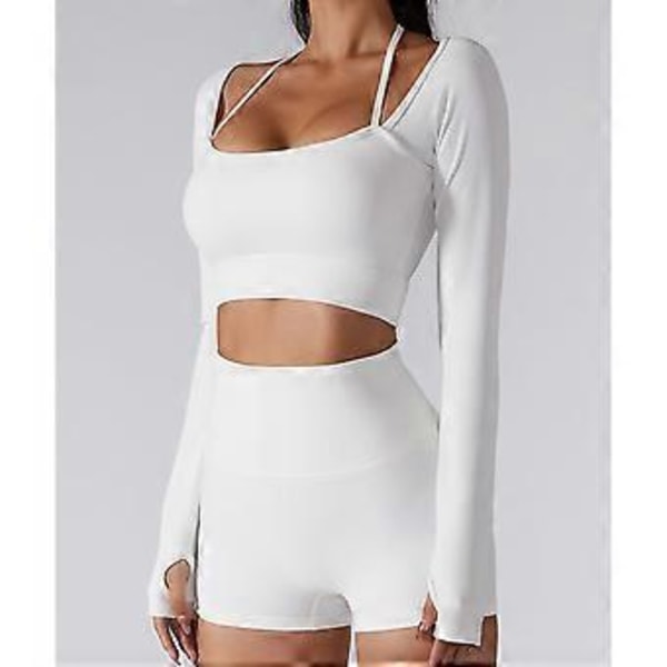 Yogatopp för kvinnor, Fitness, Rundhalsad, Halter, Långärmad, Tumhål, Träningskläder, Sportkläder med bröstkudde (L Vit)