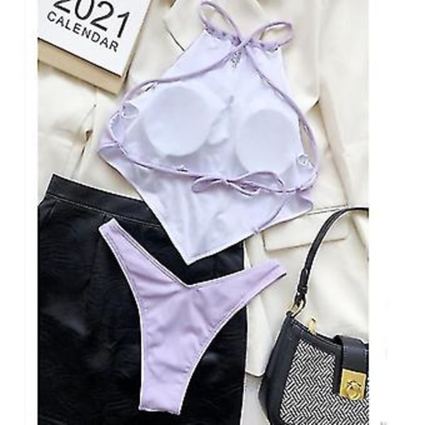 Dam Högmidjad Baddräkt Tvådelad Baddräkt Bikini Set Bikini (M LILA)