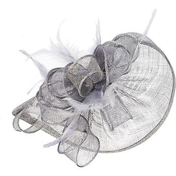 Fascinatorer för Kvinnor Bröllopsfascinator Hatt Blomma Nät Fjäder Hårband QE-Grå