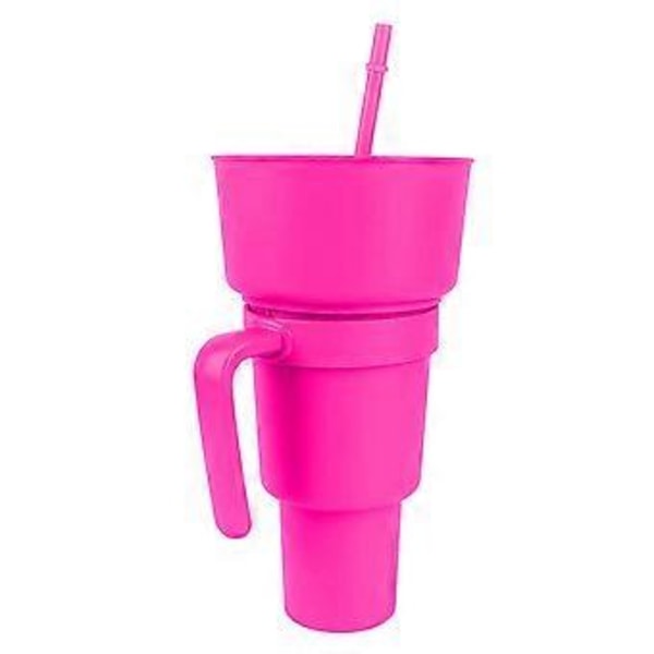 2-i-1 Snack- og Drikkkopp med sugerør, stor åpning, plastbeger, topp snacks-skål for kino, hjem, reise (rosa)
