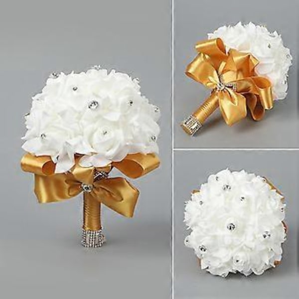 Kunstig Brudebuket, Rosebuket til Brud og Brudepiger med Krystaldiamant Bløde Bånd, Brudepiger Holder Blomster (Guld)