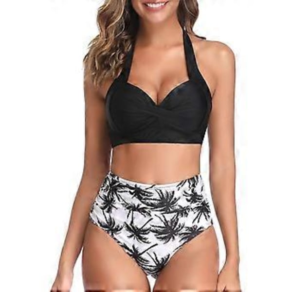 Dame Vintage Samle Bikini Badedragt Flæser Høj Talje To Delt Sæt med Snøring Flæse Bikini Bukser Par med 3/4 Badedragt (Medium Sort)