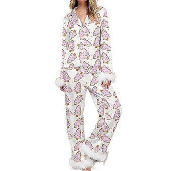 Dam Pyjamas Set med Fjäderkant Långärmad Knappuppslagen Topp Byxor 2-delad Loungeset Satin PJs Pyjamas Nattkläder (L Vit)