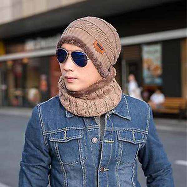 Unisex Vintervarm Skihue med Strikket Slouch Beanie og Rørhalsvarmer Sæt (Khaki)