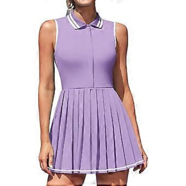 Charmleaks Dame Tennis Kjoler Ribbet Polo Golfkjole Halv Lynlås Plisseret Træningskjole med Indbyggede Shorts og BH (XL lilla)