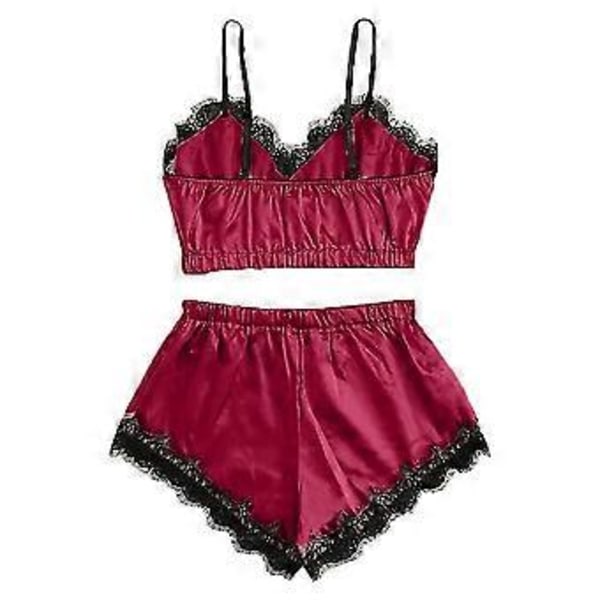 Dam Underkläder Spets Siden Satin Cami Linne Toppar Shorts Pyjamas Set Sovkläder Nattkläder Pj's -NMAOV(L Vinröd)