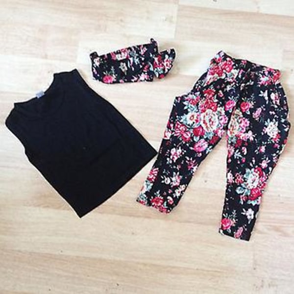 3-pack sommaroutfit för flickor med tanktop, blommiga långbyxor och pannband (6-7 år)