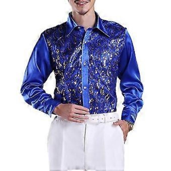 Luksuriøs skjorte med paljetter for menn, jakkeslag, lange ermer, enkeltspent, bryllupsskjorte for scenebruk, slim fit, formell fritidsskjorte (2XL kongeblå)