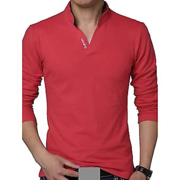 Herrar Vår-Höst T-shirt Stå-Krage V-Hals Långärmad Mjuk Slank Passform Enfärgad Mjuk Andningsbar Business Stil Herrar Mid-Längd Topp (2XL Röd)