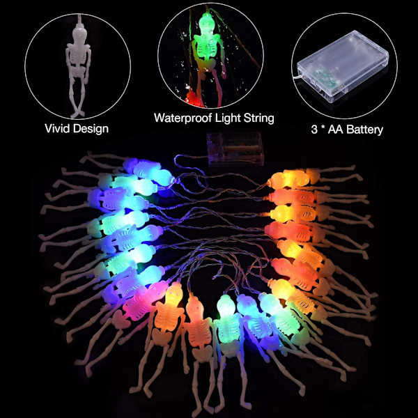 Skeletlys Halloween Lyskæde - 10Ft 20LEDs Skeletter H