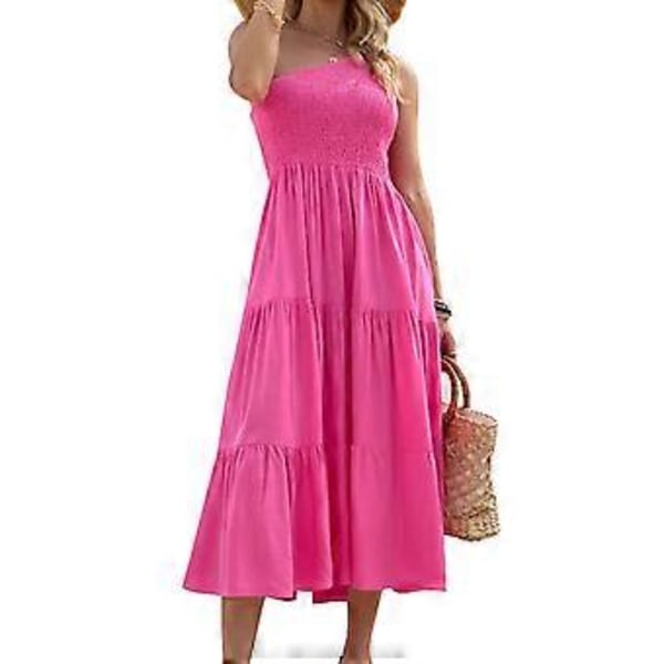 Naisten mekko Yksivärinen Rypytetty Design Yksi Olkaimella Kerroksinen Hame Kesälle (XL Pinkki)