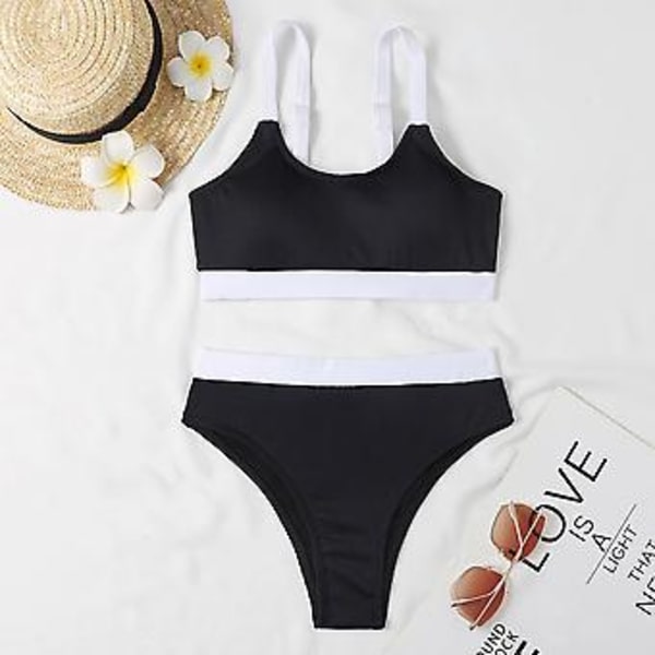 Damernas Baddräkt Sommar Färgblock Ribbad Bikini Vadderad Baddräkt Strandkläder Baddräkt (XL Svart)