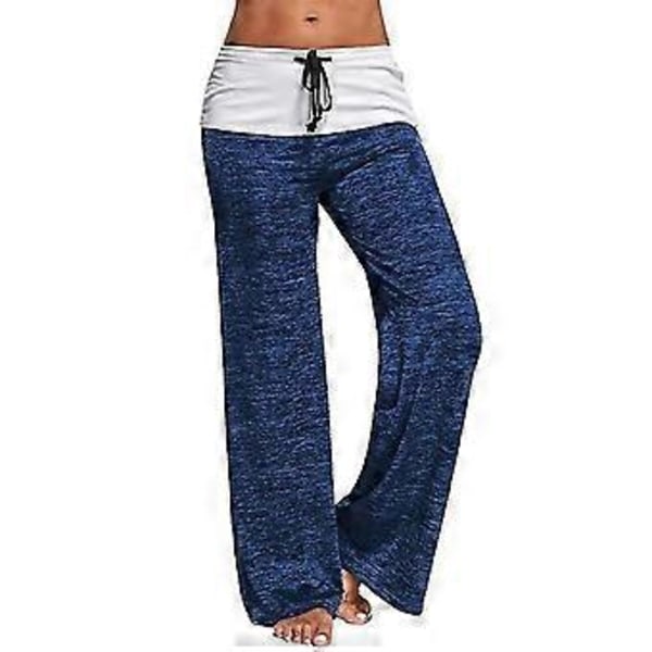 Dam Färgblock Dragsko Yogabyxor Lediga Lösa Andningsbara Gym Sport Pilates Långbyxor -NMAOV(2XL Blå)
