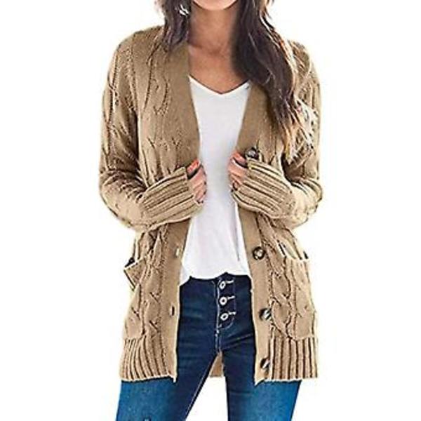 Kvinnors Långärmad Kabelstrickad Cardigan med Fickor, Casual Kavaj, Enfärgad (XL Khaki)