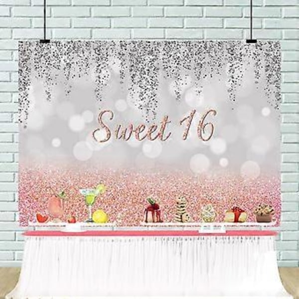 Happy Sweet 16th Birthday Banner Bakgrundsdekorationer för Flickor Roséguld Sweet 16 Birthday Party Skyltar Tillbehör Rosa Sweet Sixteen Birthday Poster Bac