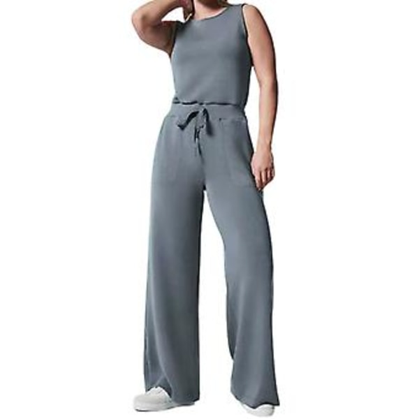 Ærmeløs Jumpsuit i Ensfarvet Design Vaskbar Høj Elastisk Stoffet Tøj til Daglig Arbejde Fest (3XL Grå Blå)