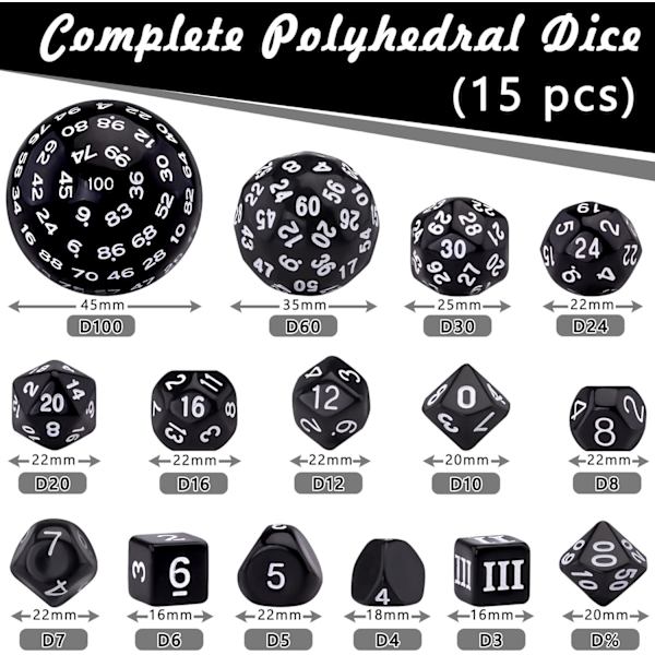 15kpl Polyhedral-noppasetti, Musta ja Valkoinen, Polyhedral-noppasetti
