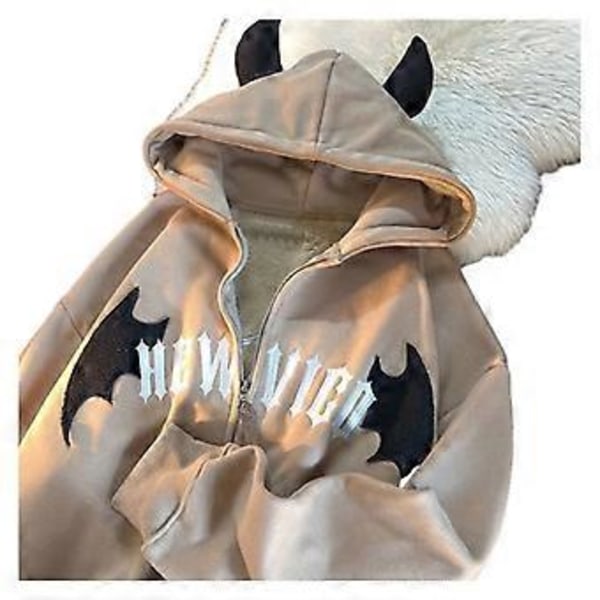 Retro sweatshirt dame cardigan lynlås jakke top bogstavsyning hætte dobbelte hjørner(M )