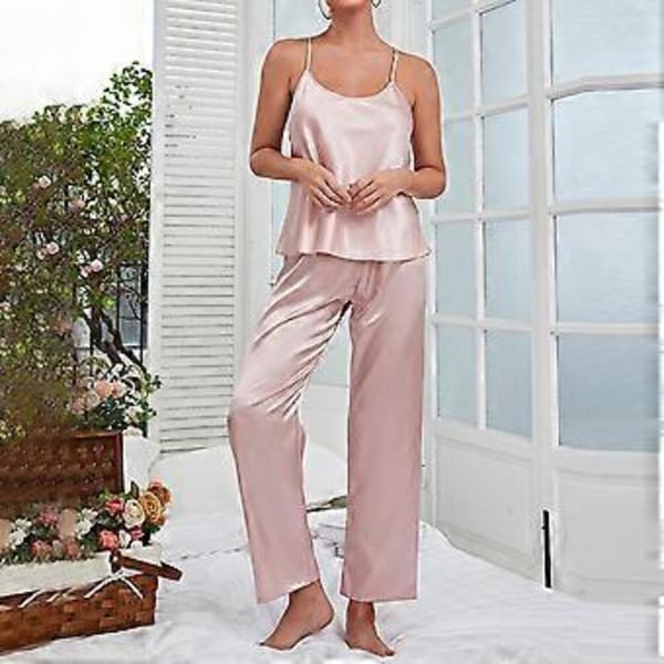 Dam 2-delad Pyjamas Supermjuk Rygglös Linne Topp Långbyxor Sovkläder Loungewear Set (M Rosa)