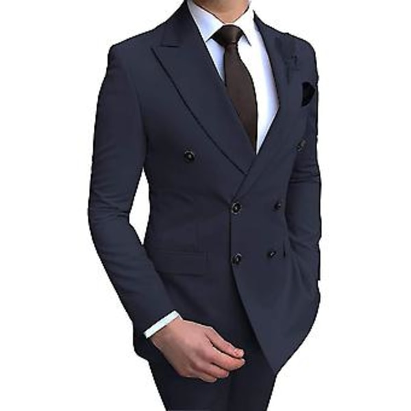 Herrar Dubbelknäppt Blazer Kostym 2 Delar Slim Fit Bröllop Brudgum Tuxedo Peak Lapel Formell Prom Suits (38 Navy)