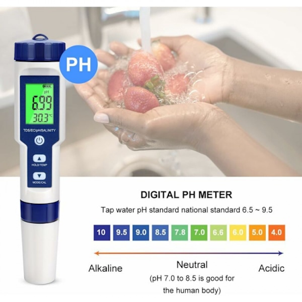 Elektronisk PH-tester, 5 i 1 vanntester for basseng med bakgrunnsbelysning, PH