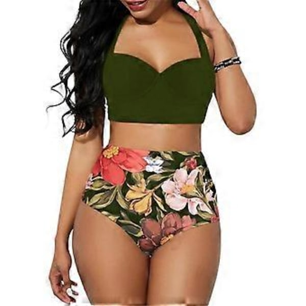Kvinnors Tryckt Vadderad Bikiniuppsättning Sexig BH-Topp Hög Midja Byxor Baddräkt Sommar Strand Semester Baddräkt (2XL Armég Grön)
