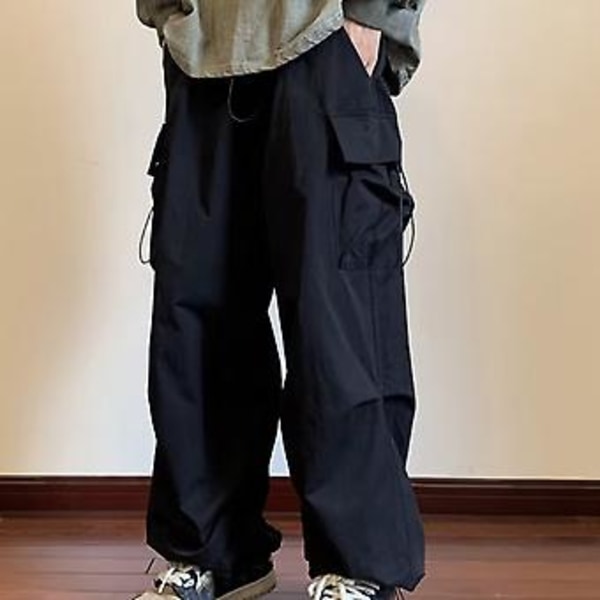 Män Cargo Byxor Snörning Flera Fickor Enfärgad Lös Hip Hop Streetwear Ankelband Elastisk Midja Män Sommarbyxor Manliga Kläder (M Röd)
