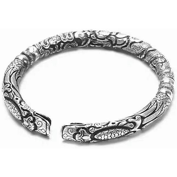 Viking Dubbelhuvud Drake Armband - Justerbart Vintage Silver Manschett Armband, Perfekt Herrsmycke