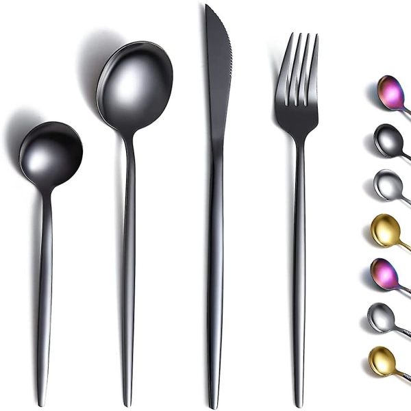 Black Cutlery Set 24 Pieces, Stainless Steel Flatware Set, Titanium Plating Black Silverwa
